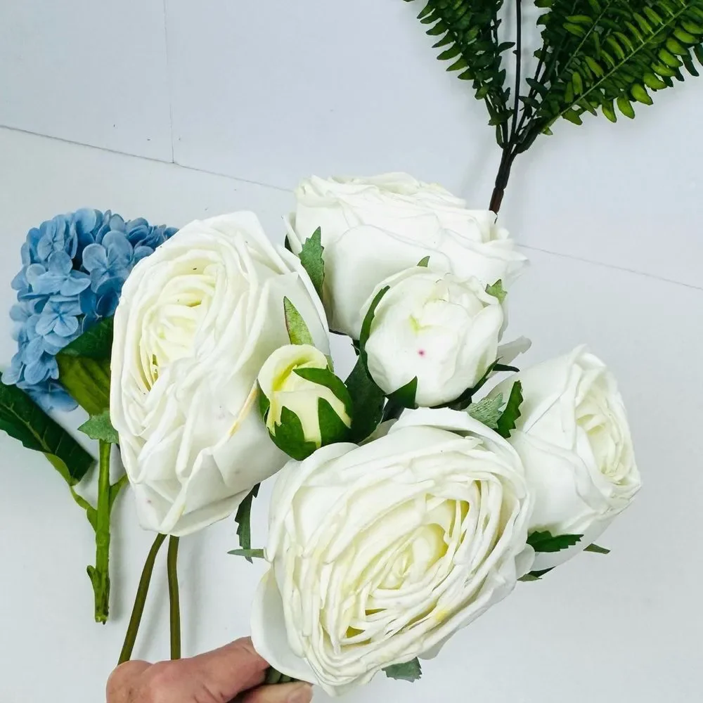 Artificial Flower Bouquet Blue Hydrangea White Roses Fern Leaves &  Berries NEW